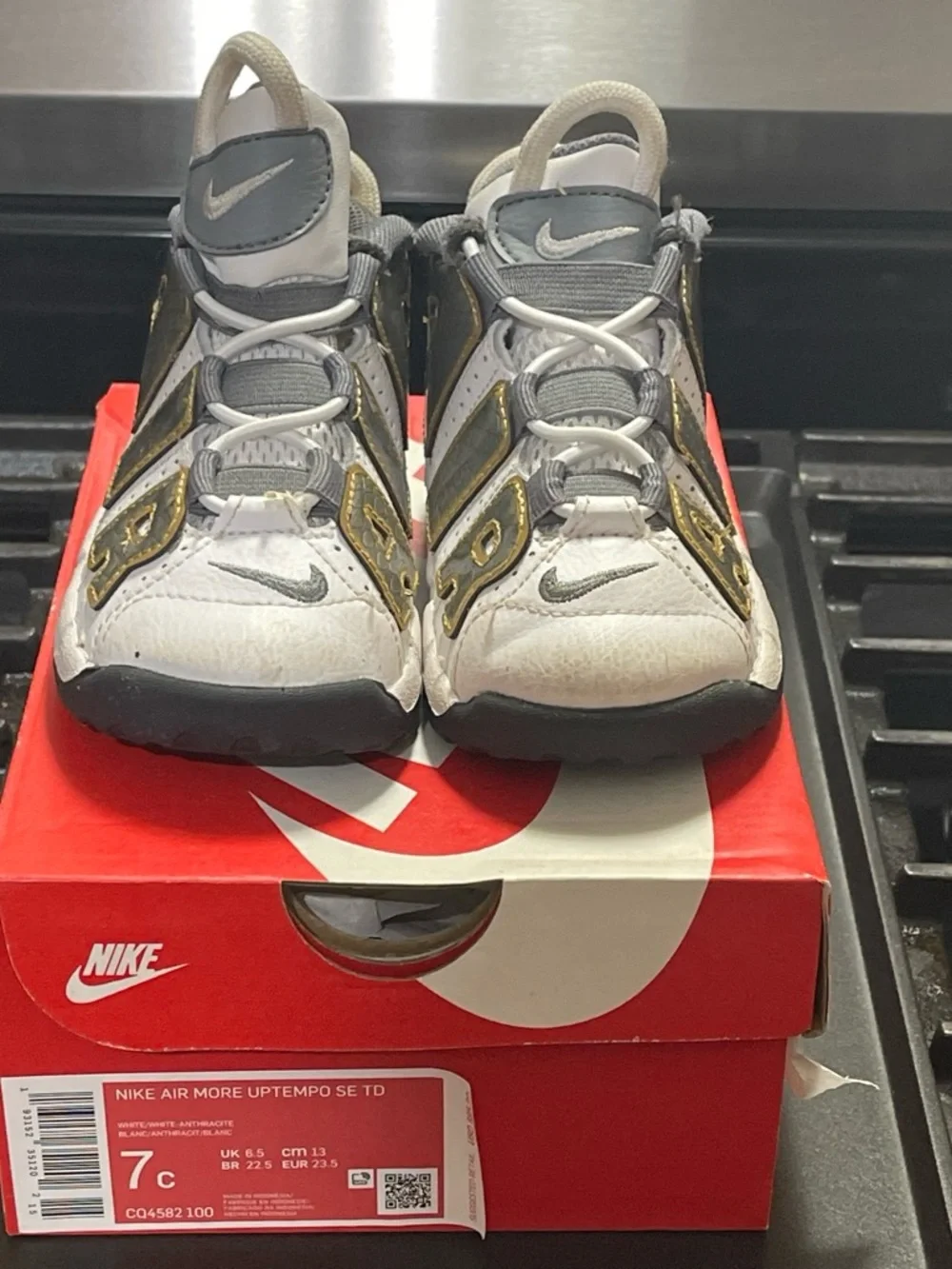 Nike White, Gray & Gold Kids' Air More Uptempo Sneakers